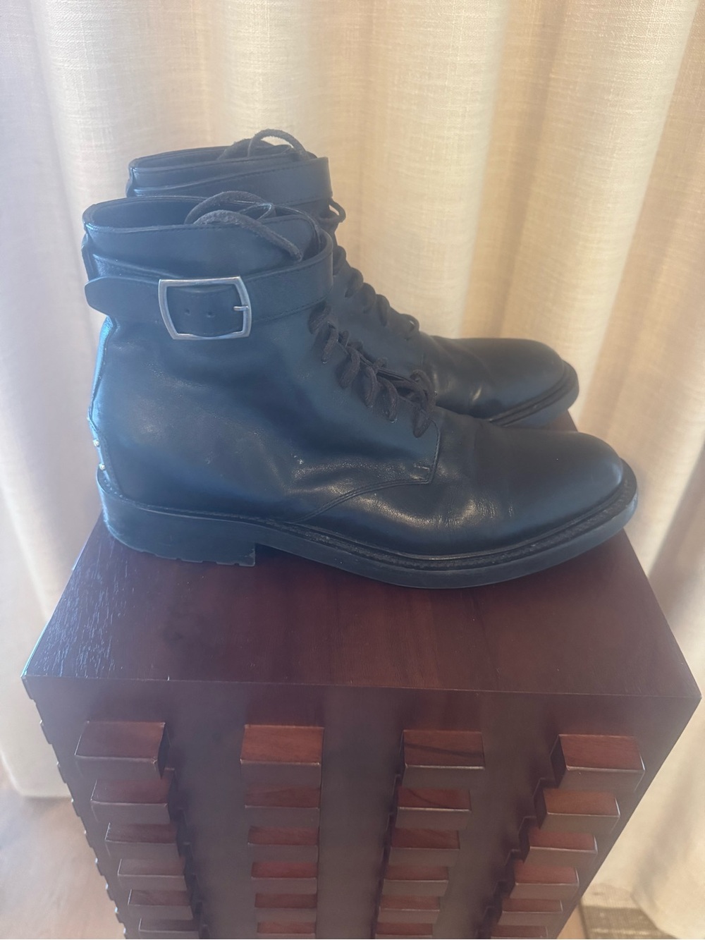 Yves Saint Laurent Black Leather Lace-Up Ankle Boots, Buckle and studded heels